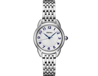 Seiko Essentials Ladies SS Analog White Dial w/Numbers, Silver bracelet, Blue accents