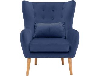 Faux Velvet Wingback Accent Chair with Lumbar Pillow and Wooden Legs, Navy