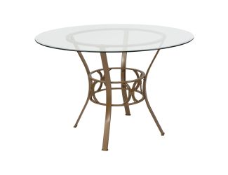 45" Round Glass Dining Table with Crescent Style Matte Gold Metal Frame