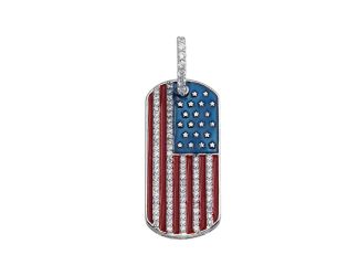 PARIKHS Mens Rhodium Plated CZ American Flag DogTag HipHop Pendant with chain in 925 Sterling Silver