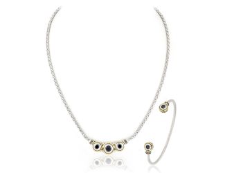 Beijios 3 Stone Necklace & Two Stone Large Cuff Bracelet, Black CZ - N5028-A503 & B5029-A500