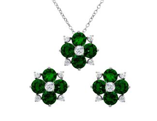 PARIKHS Rhodium Plated Green Flower CZ Necklace-Earring Set in 925 Sterling Silver