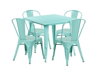 31.5" Square Mint Green Metal Indoor-Outdoor Table Set with 4 Stack Chairs
