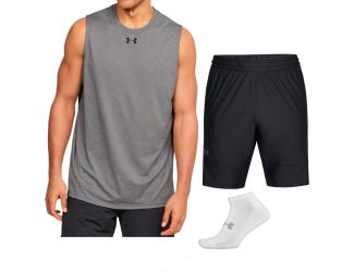 Mens Sleeveless Tee/Shorts/Sox Set-Gray Heather/Black-LG