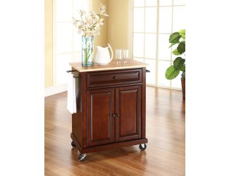 Natural Wood Top Portable Kitchen Cart in Mahogany Finish
