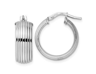 Sterling Silver Rhodium Plated Polished Grooved Hoop Earrings