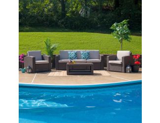 4 Piece Outdoor Faux Rattan Chair, Sofa and Table Set in Chocolate Brown