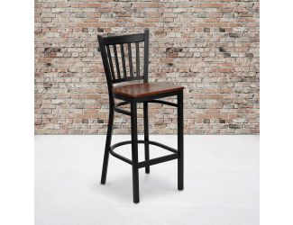 Black Vertical Back Metal Restaurant Barstool - Cherry Wood Seat