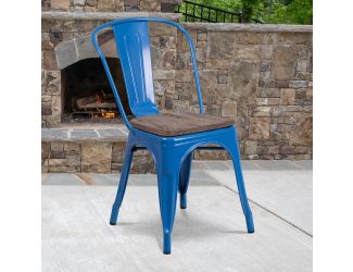 Blue Metal Stackable Chair with Wood Seat - Restaurant Chair - Bistro Chair