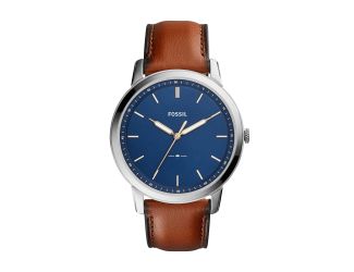 Mens Minimalist Light Brwn Leather Strap Watch Nvy Blu Dial