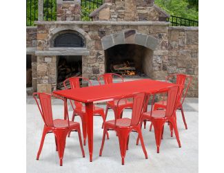31.5" x 63" Rectangular Red Metal Indoor-Outdoor Table Set with 6 Stack Chairs