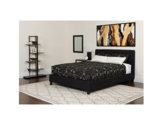 Full Size Button Tufted Upholstered Platform Bed in Black Fabric with Mattress