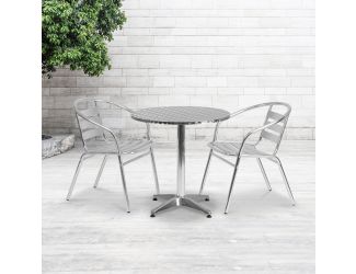 27.5" Round Aluminum Indoor-Outdoor Table Set with 2 Slat Back Chairs