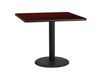 36" Square Mahogany Laminate Table Top with 24" Round Table Height Base
