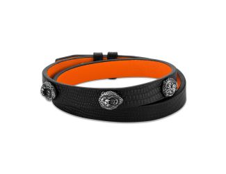 Marc Anthony's Sterling Silver Lion Heads in Alligator-grain Leather Double Wrap Bracelet, 8"- 8.5"