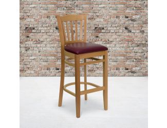 Vertical Slat Back Natural Wood Restaurant Barstool - Burgundy Vinyl Seat