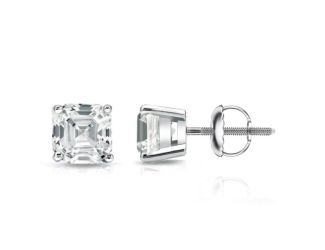Bright White Pinnacle Asscher Lab Grown Diamond Screwback Stud in 14K White Gold 2.40ct, GH, VVS