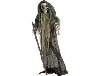 Life-Size Animatronic Reaper Indoor/Outdoor Halloween Decoration, Flashing Red Eyes, Poseable, Batte