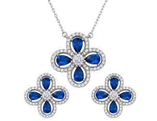 PARIKHS Rhodium Plated 4 Leaf Clover with Blue Teardrop, Clear Round CZ Set in 925 Sterling Silver