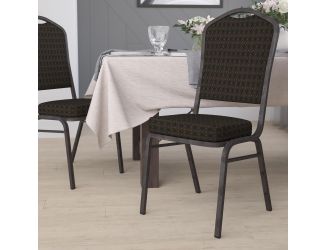 Crown Back Stacking Banquet Chair in Brown Patterned Fabric - Gold Vein Frame