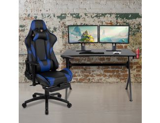 Black/Blue Gaming Desk Set - Cup/Headset Holder/Reclining & Footrest