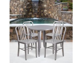 30" Round Silver Metal Indoor-Outdoor Table Set with 4 Vertical Slat Back Chairs
