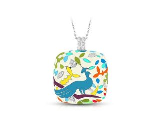 Belle Etoile Round Cubic Zirconia Multi Enamel Peacock Paradise Pendant - 925 SS with chain