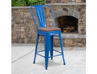 24" High Blue Metal Counter Height Stool with Back and Wood Seat