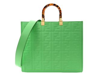 Fendi Sunshine Medium Plexi FF Embossed Leather Tote Edamame Green