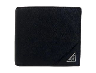 Prada Black Vitello Micro Grain Leather Bifold Wallet Triangle Enamel Logo