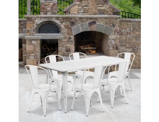 31.5" x 63" Rectangular White Metal Indoor-Outdoor Table Set with 6 Stack Chairs