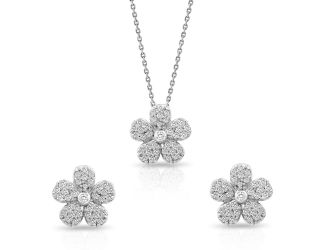 PARIKHS Rhodium Plated Flower CZ Necklace-Inlay Stud Earring Set in 925 Sterling Silver