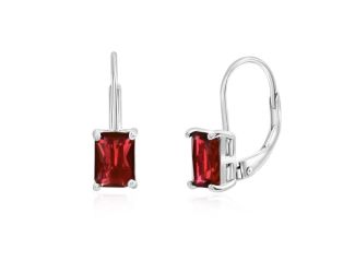 925 Sterling Silver Emerald Cut Created Red Ruby Earrings