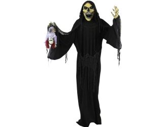 Life-Size Animatronic Reaper, Indoor/Outdoor Halloween Decoration, Flashing Colorful Eyes, Poseable,