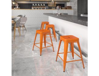 Commercial Grade 24"H Backless Orange Metal Indoor-Outdoor Counter Height Stool