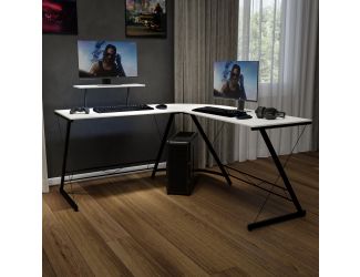 L-Shaped Computer White Desk, Gaming Desk, Home Office Desk, Black Frame