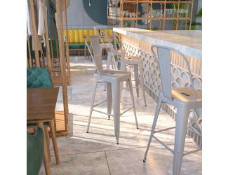 30" High Silver Metal Indoor-Outdoor Barstool with Back - Kitchen Furniture