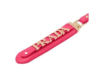 Prada Saffiano Leather Clip Keychain Peony Pink Gold Logo Lettering