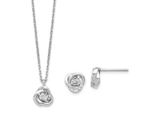 Sterling Silver Rhodium-plated CZ Love Knot Earrings w/2in ext Necklace Set