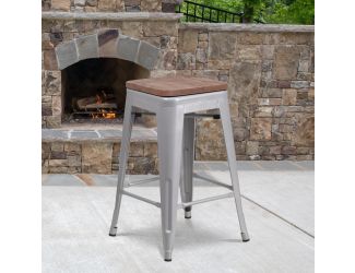 24" High Backless Silver Metal Counter Height Stool with Square Wood Seat
