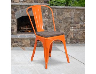 Orange Metal Stackable Chair with Wood Seat - Restaurant Chair - Bistro Chair