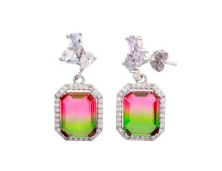 PARIKHS Rhodium Plated Green Pink Gradient CZ Dangling Earring in 925 Sterling Silver