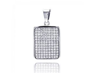 PARIKHS Rhodium Plated Rectangle Micro Pave CZ Dangling Pendant with Chain in 925 Sterling Silver