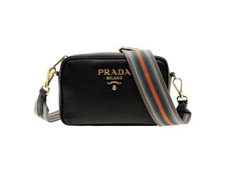 Prada Milano Vitello Phenix Nero Leather Crossbody Bag Web Stripe Strap