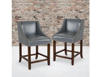 24"H Walnut Counter Stool with Accent Nail Trim - Lt Gray LeatherSoft, Set of 2