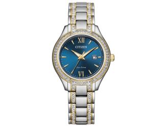 Ladies'' Silhouette Crystal Eco-Drive Stainless Steel Bracelet Watch, Blue Dial
