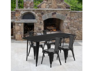 31.5" x 63" Rectangular Black Metal Indoor-Outdoor Table Set w/ 4 Stack Chairs