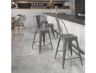 24"H Distressed Silver Gray Metal Indoor-Outdoor Counter Dining Stool with Back