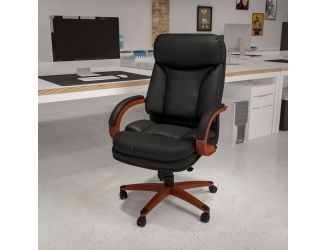 High Back Black LeatherSoft Chair w/Synchro-Tilt Mechanism, Mahogany Wood Base