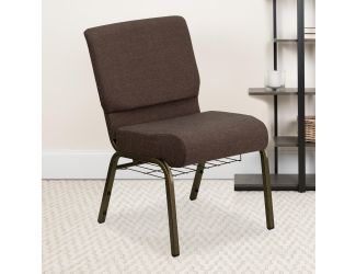 21"W Church Chair in Brown Fabric with Cup Book Rack - Gold Vein Frame